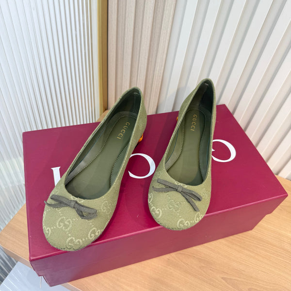 GG 26S Horsebit Ballet Flats Bow Detail Olive Green GG Canvas 141308