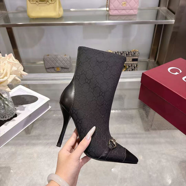 GG 26S Ankle Boots 10.5cm Horsebit Canvas Sand Black Leather Toe Cap 141301