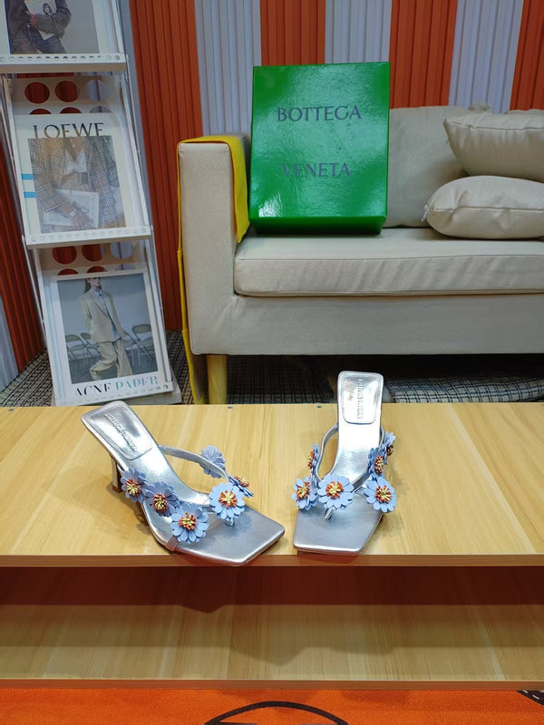 BV Riva Thong Floral Sandals 9CM Blue Silver Leather 139870