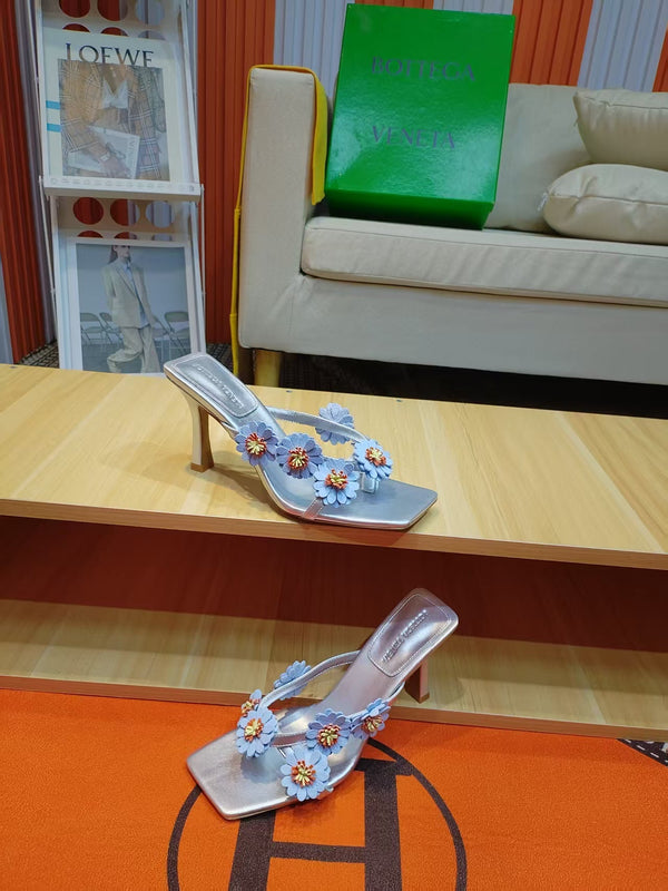 BV Riva Thong Floral Sandals 9CM Blue Silver Leather 139870