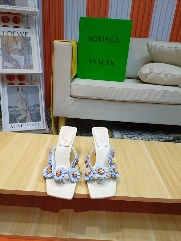 BV Riva Thong Floral Sandals 9CM Blue White Leather 139868