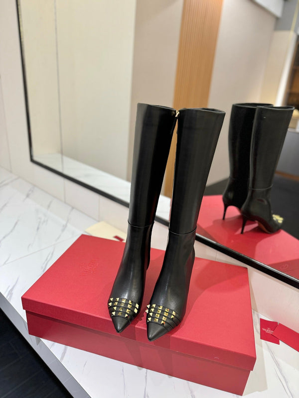 VLTN Garavani 26W Rockstud High-Top Boots 8cm Stiletto Black Leather 145162