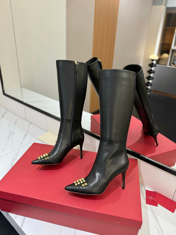 VLTN Garavani 26W Rockstud High-Top Boots 8cm Stiletto Black Leather 145162