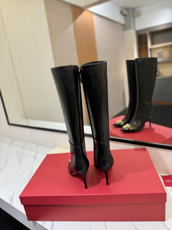 VLTN Garavani 26W Rockstud High-Top Boots 8cm Stiletto Black Leather 145162