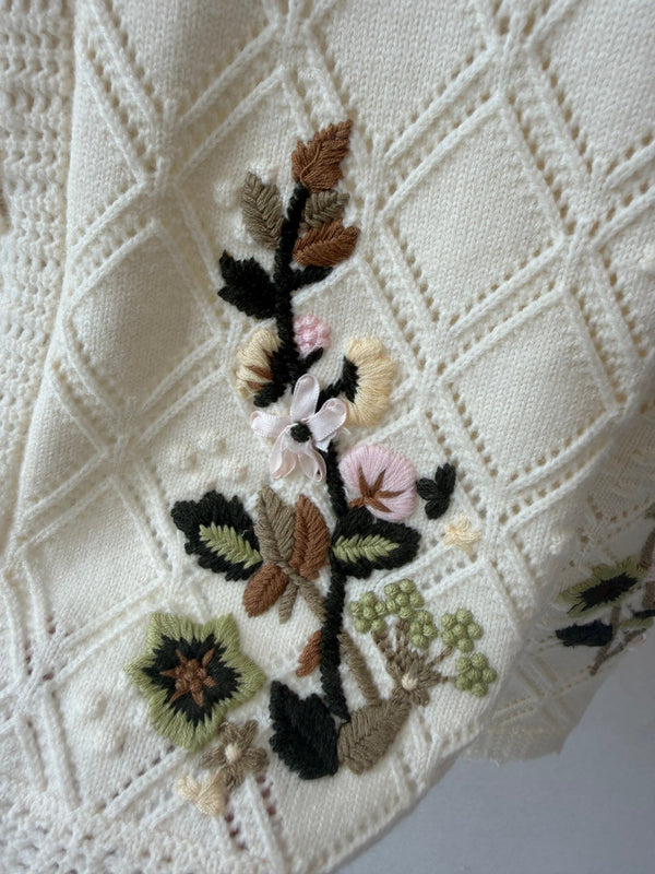 CC 26S Diamond Mesh Knit Cardigan Floral Embroidery Ivory Cashmere 433531