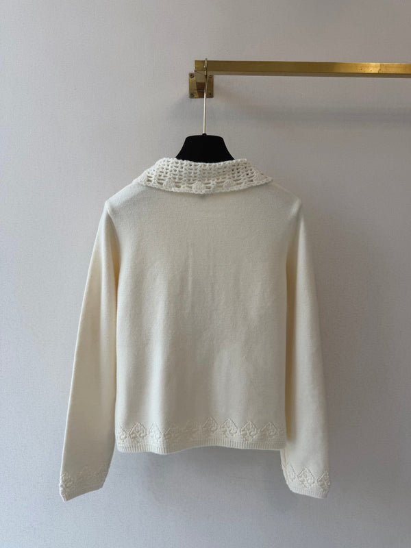 CC 26S Knit Cardigan Crocheted Collar Patch Pockets Cashmere 433527