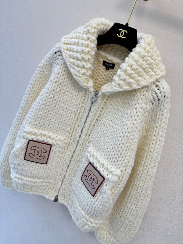 CC 26S Chunky Knit Zip-Up Cardigan Shawl Collar Pockets Cashmere 433509
