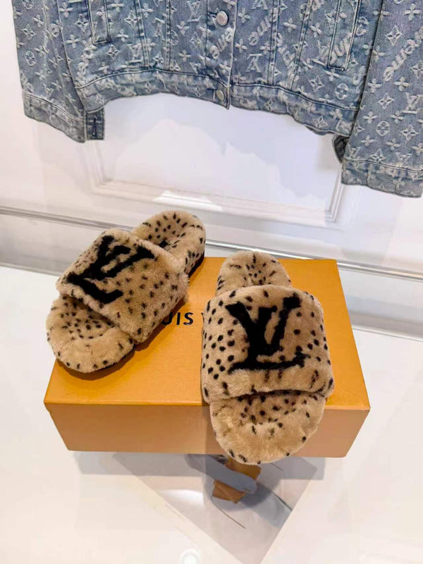 LV Color-Block Slides Leopard Print Shearling 146605