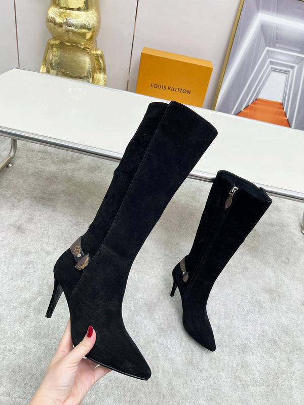 LV Tall Boots Pointed Toe Stiletto Black Suede 140785
