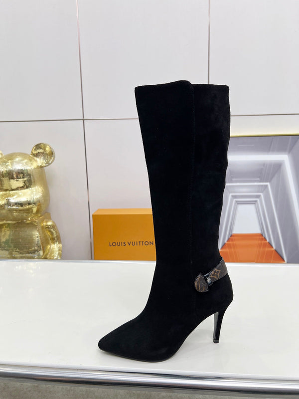 LV Tall Boots Pointed Toe Stiletto Black Suede 140785