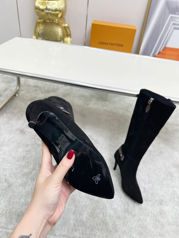 LV Tall Boots Pointed Toe Stiletto Black Suede 140785