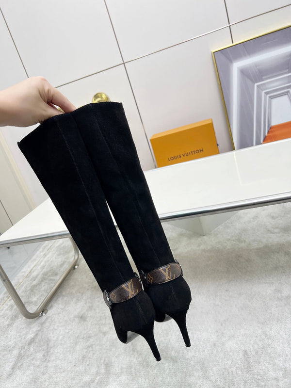LV Tall Boots Pointed Toe Stiletto Black Suede 140785