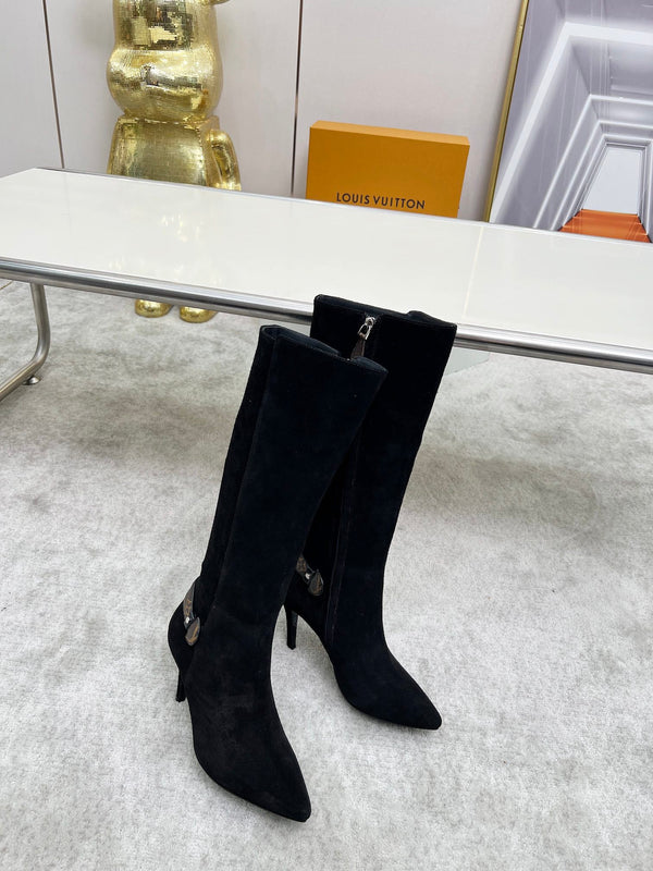 LV Tall Boots Pointed Toe Stiletto Black Suede 140785