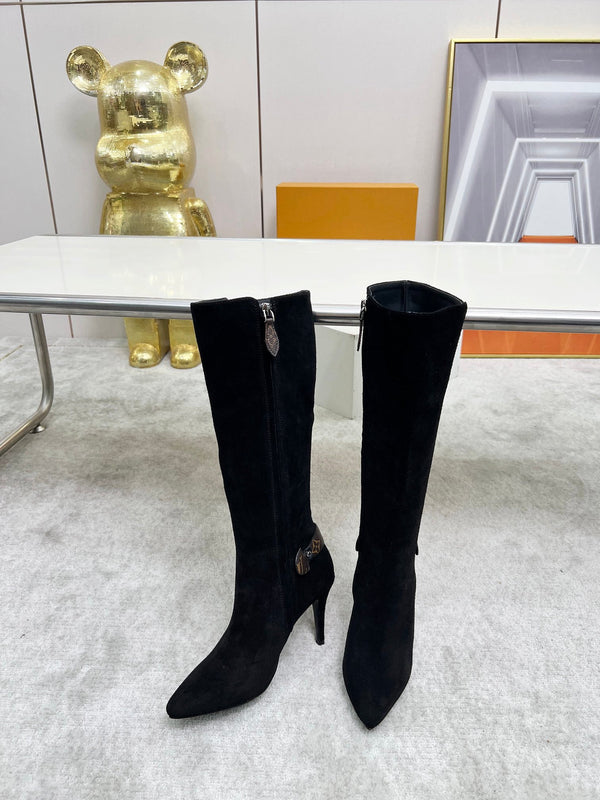 LV Tall Boots Pointed Toe Stiletto Black Suede 140785