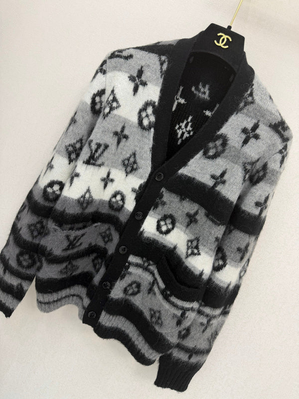 LV 26S Monogram Jacquard Cardigan Black Grey Mohair 433834