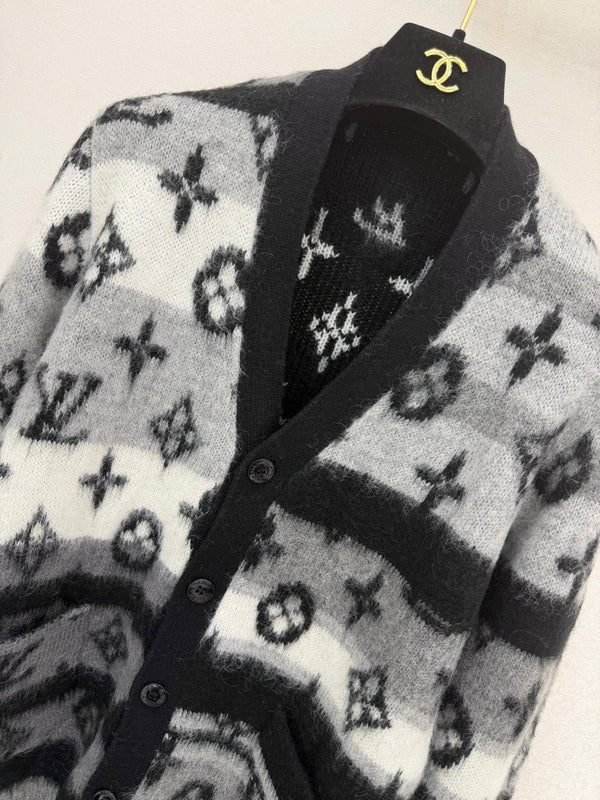 LV 26S Monogram Jacquard Cardigan Black Grey Mohair 433834