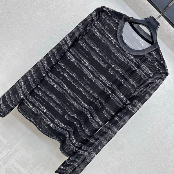 LV 26S Train Print Long-Sleeve Mesh Top Black Polyester 434038