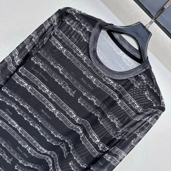 LV 26S Train Print Long-Sleeve Mesh Top Black Polyester 434038