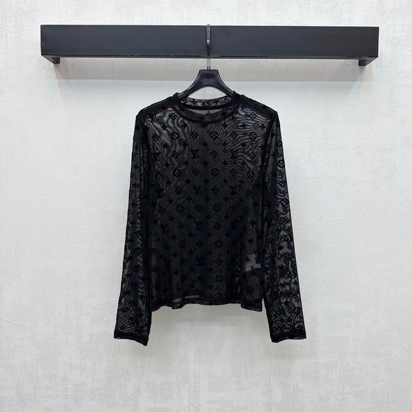 LV 26S Flocked Monogram Mesh Long-Sleeve Top 434028