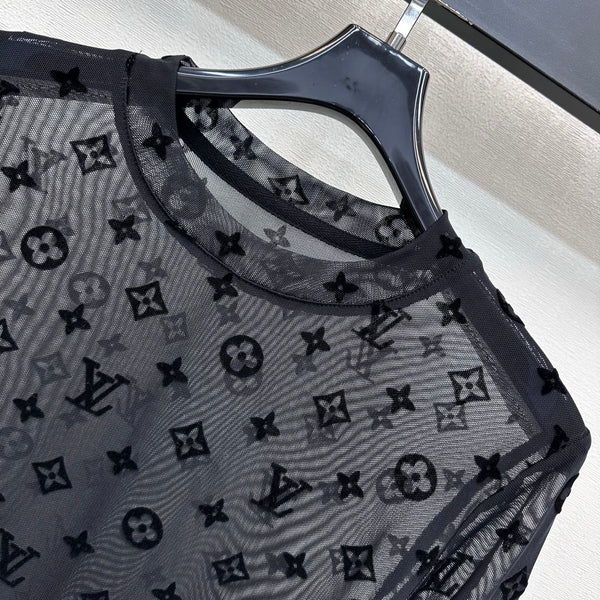 LV 26S Flocked Monogram Mesh Long-Sleeve Top 434028