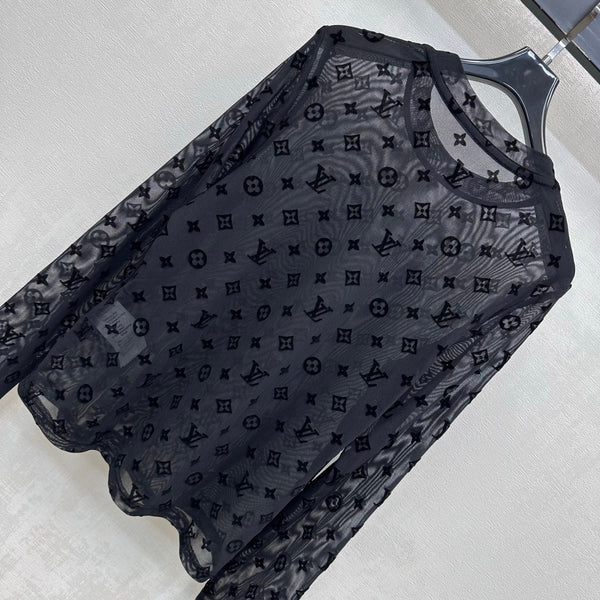LV 26S Flocked Monogram Mesh Long-Sleeve Top 434028