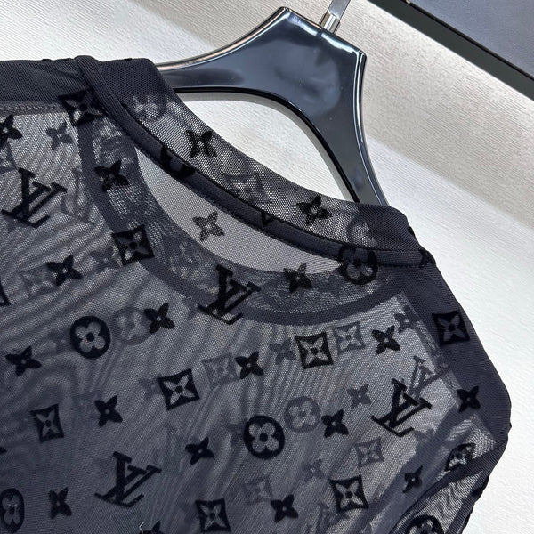 LV 26S Flocked Monogram Mesh Long-Sleeve Top 434028