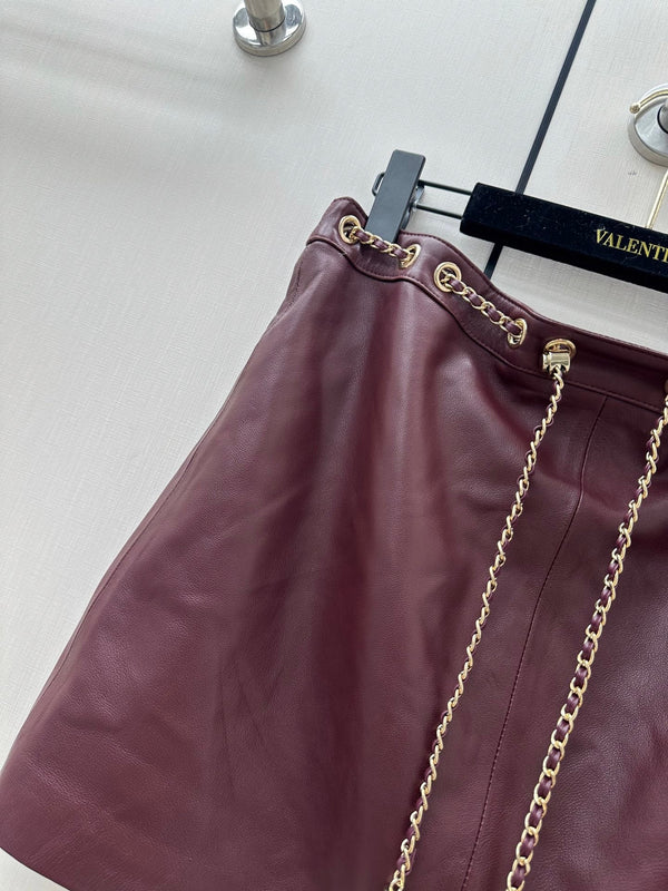 CC 26K Short Skirt Chain Drawstring Waist Side Split Leather 435097
