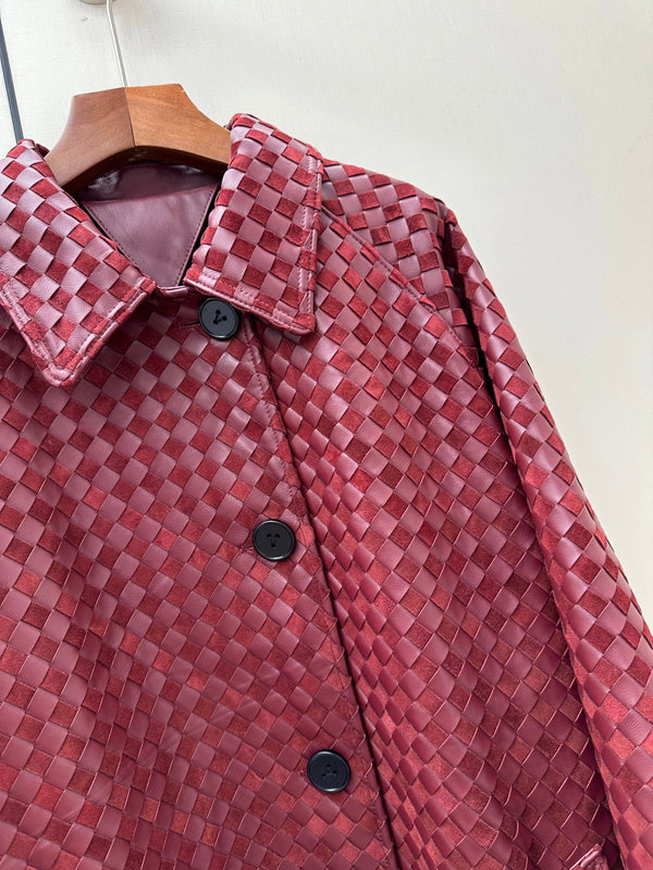BV 26S Woven Leather Long Coat Slant Pockets Burgundy Lambskin 435122