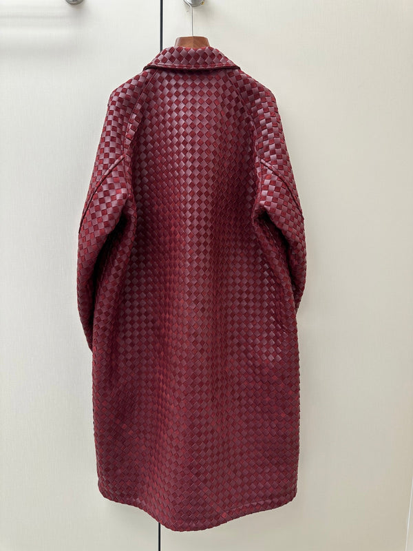 BV 26S Woven Leather Long Coat Slant Pockets Burgundy Lambskin 435122