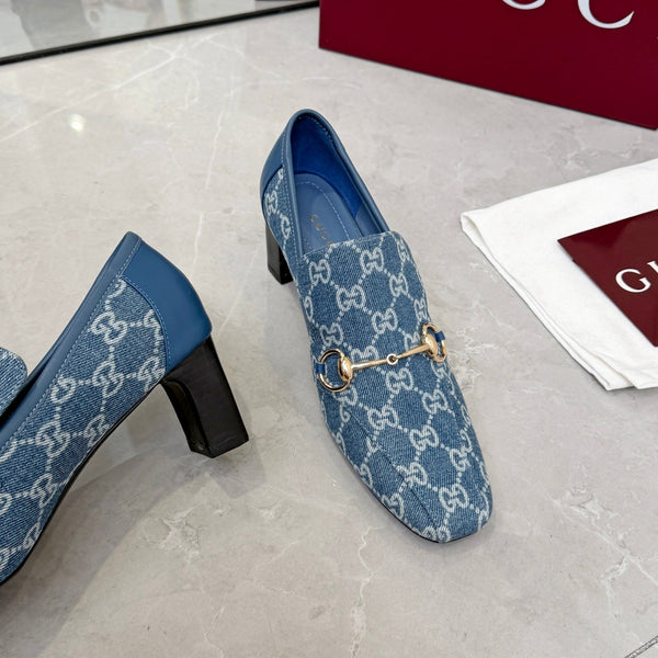 GG 26S Horsebit Loafers 6cm Block Heel Denim Fabric 157237
