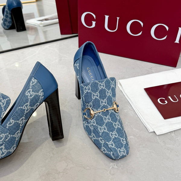 GG 26S Horsebit Loafers 10cm Block Heel Denim Fabric 157228