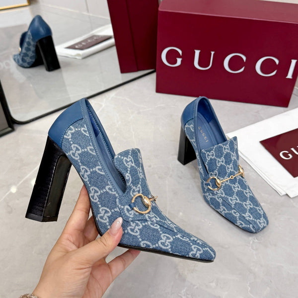 GG 26S Horsebit Loafers 10cm Block Heel Denim Fabric 157228