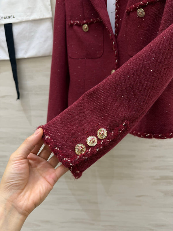 CC 26S Cropped Jacket Frayed Trim Gold Carved Buttons Burgundy Tweed 437229
