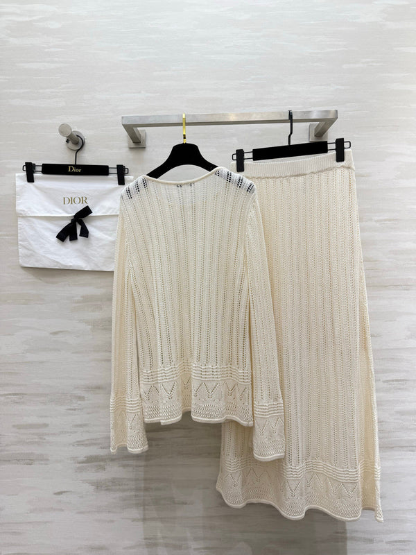 CD 26S Open-Knit Round-Neck Top & High-Waist Long Skirt Set 437198