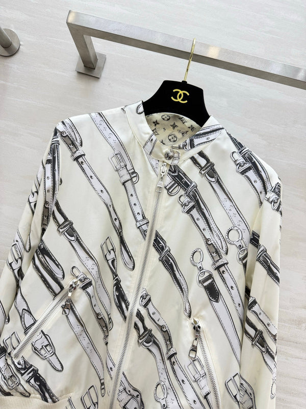 LV 26S Reversible Buckle Up Bomber Jacket & Asymmetrical Skirt Set Cream Black Silk Satin 436964