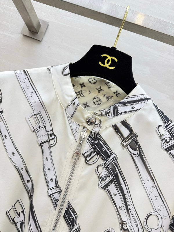 LV 26S Reversible Buckle Up Bomber Jacket & Asymmetrical Skirt Set Cream Black Silk Satin 436964