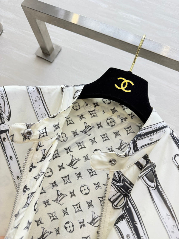 LV 26S Reversible Buckle Up Bomber Jacket & Asymmetrical Skirt Set Cream Black Silk Satin 436964