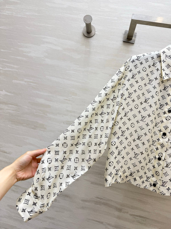 LV 26S Cropped Shirt All-Over Monogram Print Ivory Silk Satin 436956