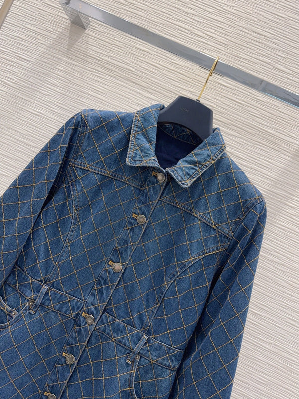 LV 26S Denim Shirt Dress Diamond Grid Pattern Buttons Blue Cotton 436596