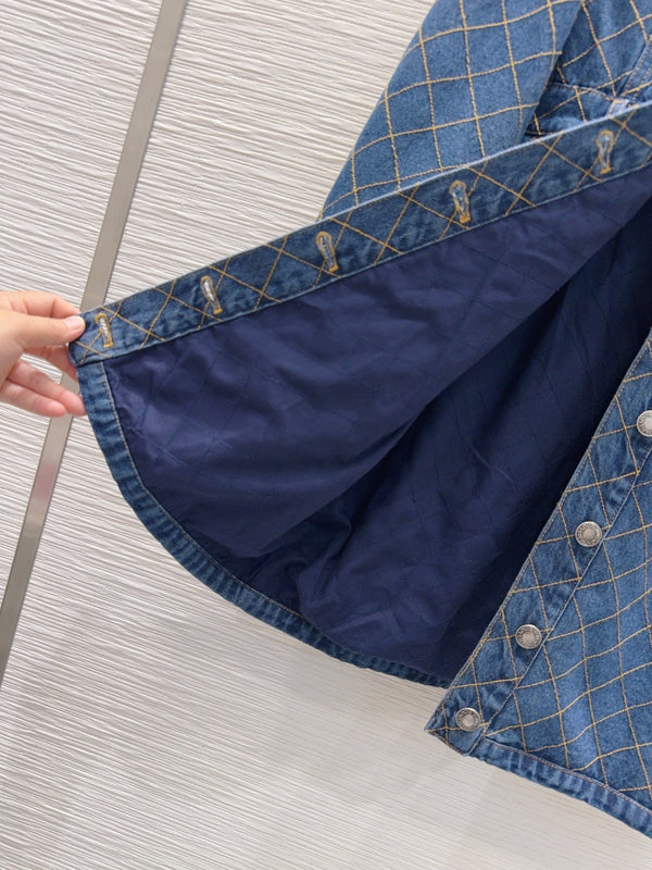 LV 26S Denim Shirt Dress Diamond Grid Pattern Buttons Blue Cotton 436596