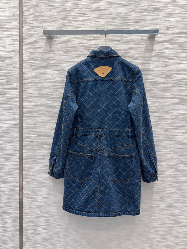 LV 26S Denim Shirt Dress Diamond Grid Pattern Buttons Blue Cotton 436596