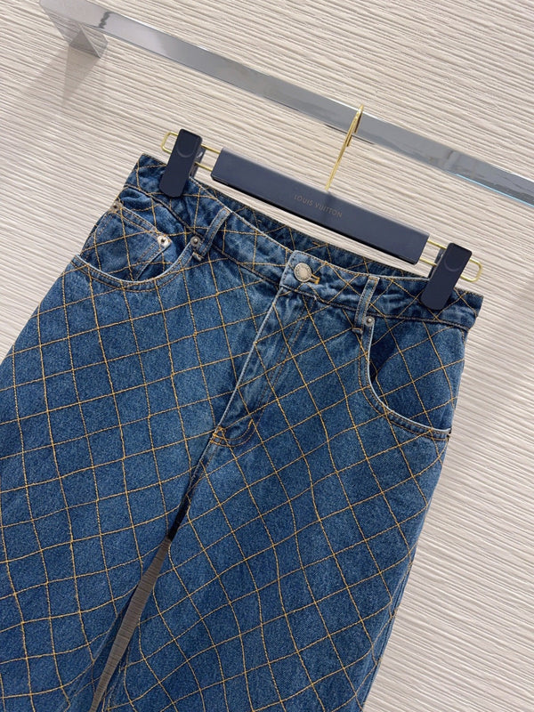 LV 26S Straight-Leg Denim Jeans Diamond-Grid Stitching Medium Wash Blue Cotton 436589
