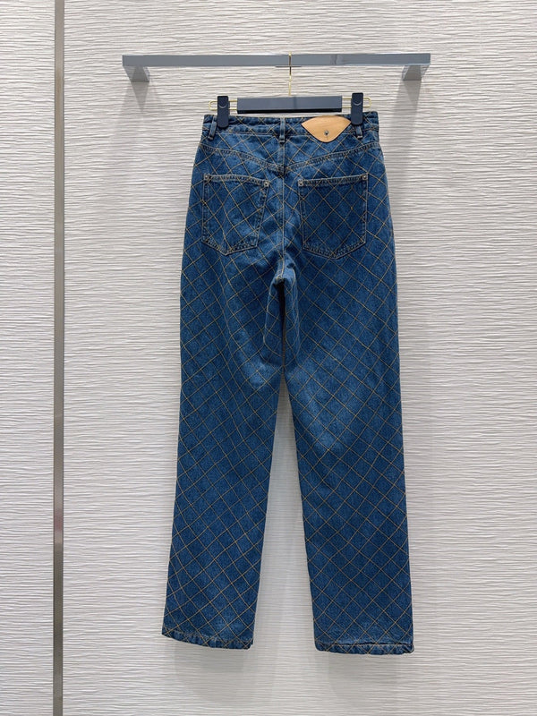 LV 26S Straight-Leg Denim Jeans Diamond-Grid Stitching Medium Wash Blue Cotton 436589