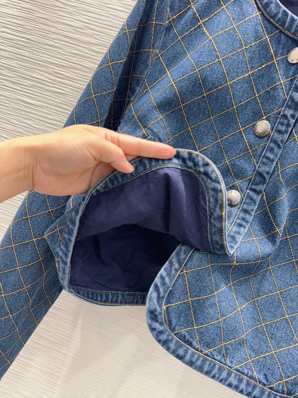 LV 26S Quilted Denim Jacket & Diamond-Grid Denim Shorts Set Cotton 436585