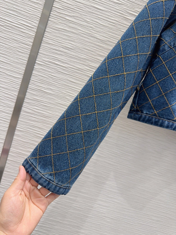 LV 26S Quilted Denim Jacket & Diamond-Grid Denim Shorts Set Cotton 436585