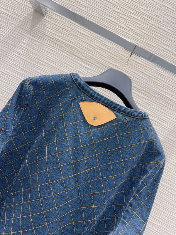 LV 26S Quilted Denim Jacket & Diamond-Grid Denim Shorts Set Cotton 436585