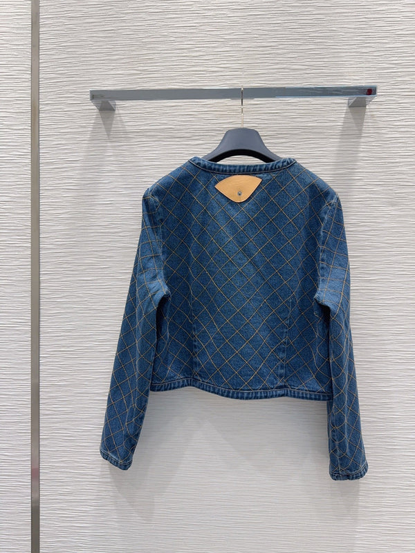 LV 26S Quilted Denim Jacket & Diamond-Grid Denim Shorts Set Cotton 436585