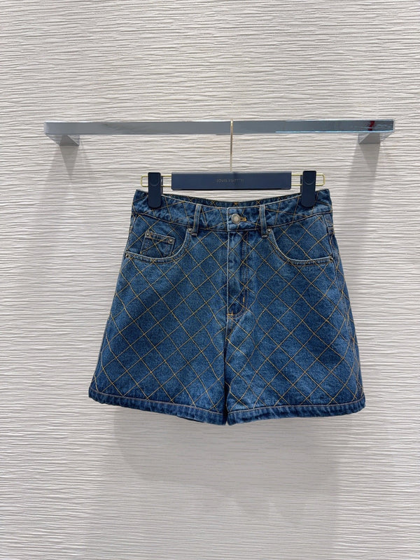 LV 26S Quilted Denim Jacket & Diamond-Grid Denim Shorts Set Cotton 436585