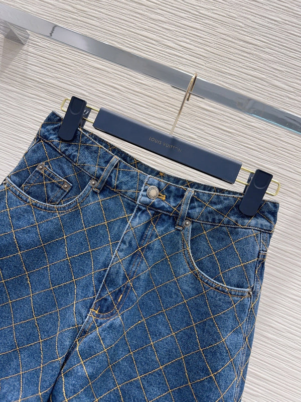 LV 26S Quilted Denim Jacket & Diamond-Grid Denim Shorts Set Cotton 436585