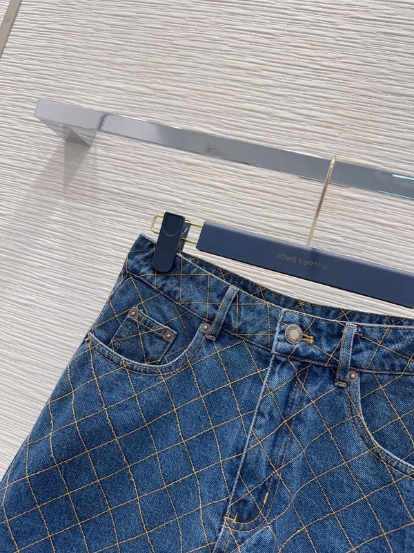 LV 26S Quilted Denim Jacket & Diamond-Grid Denim Shorts Set Cotton 436585